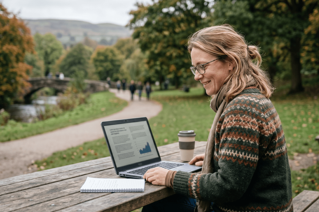 a woman sitting at a table with a laptop and reading something from a notebook