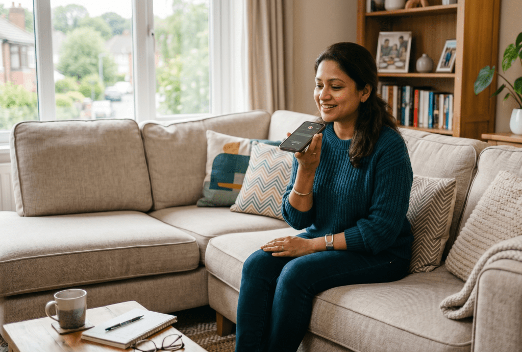 a woman sitting on the sofa, holding a phone and recording a voice message