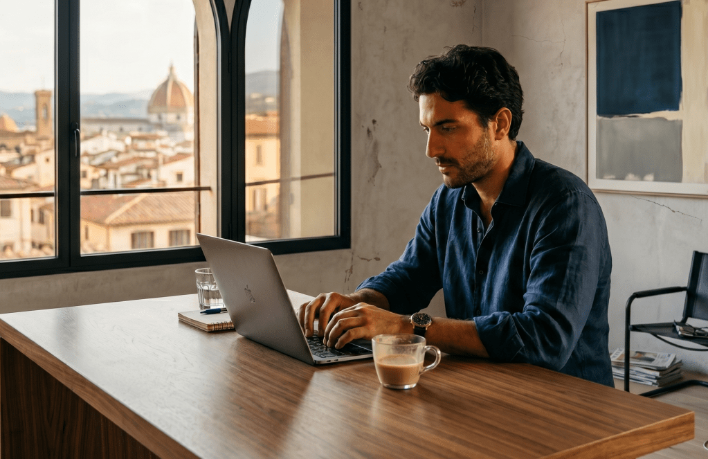 a man sitting at a desk and typing on a laptop